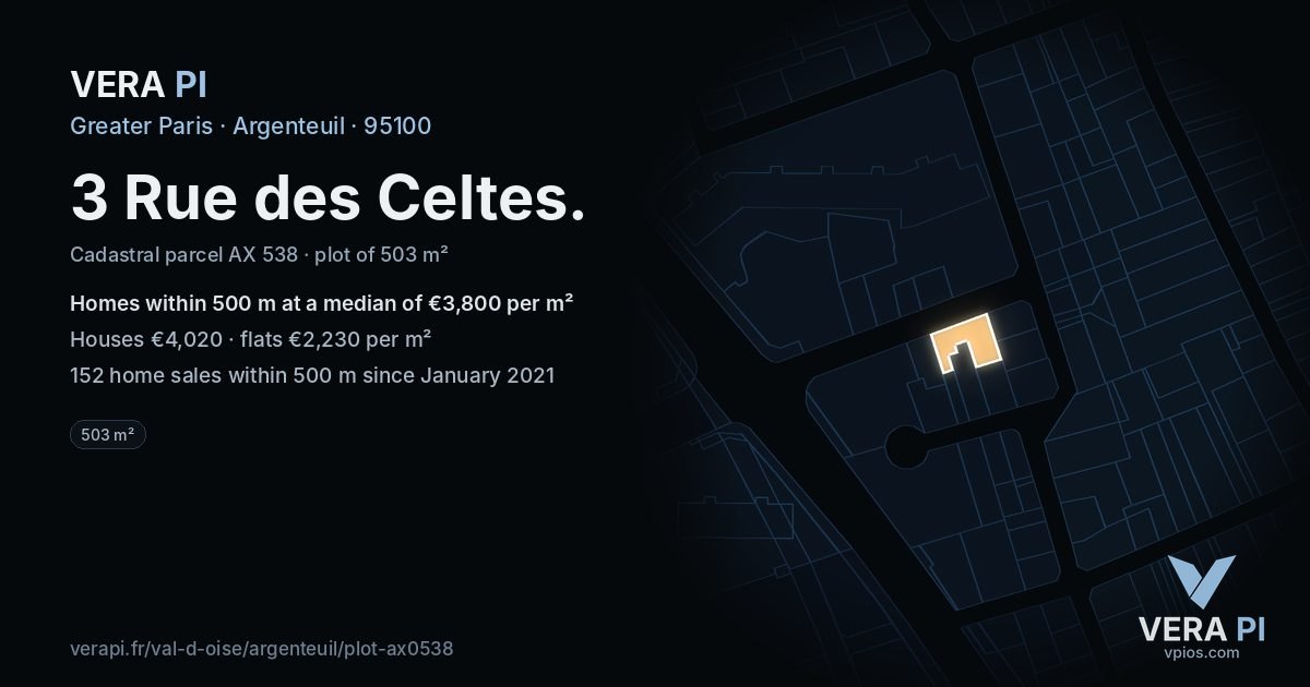 3 Rue des Celtes, Argenteuil at night – the plot lit, the parcels around coloured by the prices near them