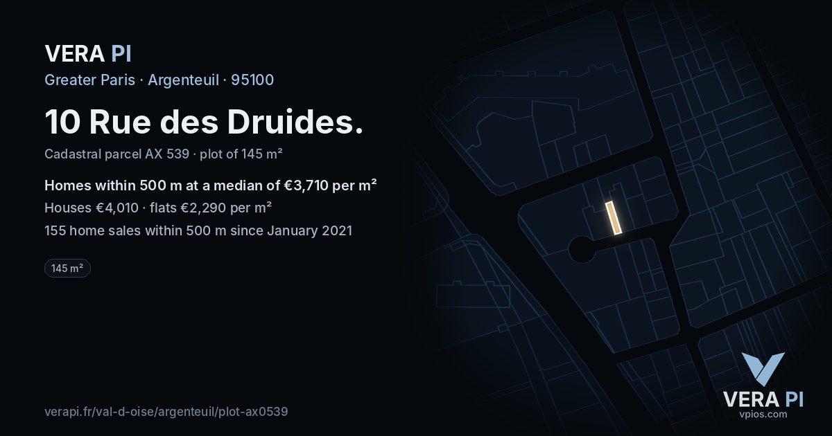 10 Rue des Druides, Argenteuil at night – the plot lit, the parcels around coloured by the prices near them