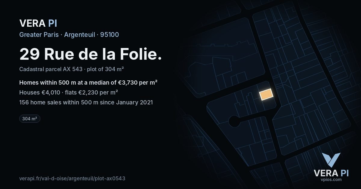 29 Rue de la Folie, Argenteuil at night – the plot lit, the parcels around coloured by the prices near them