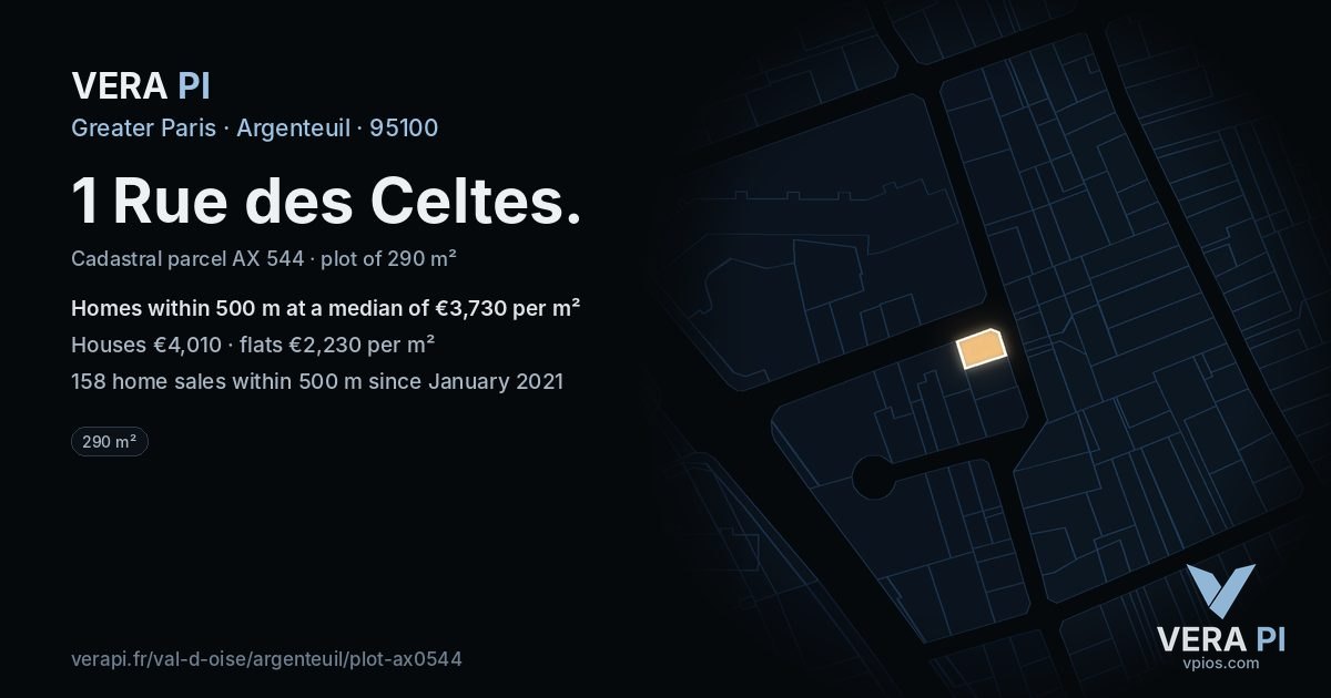 1 Rue des Celtes, Argenteuil at night – the plot lit, the parcels around coloured by the prices near them