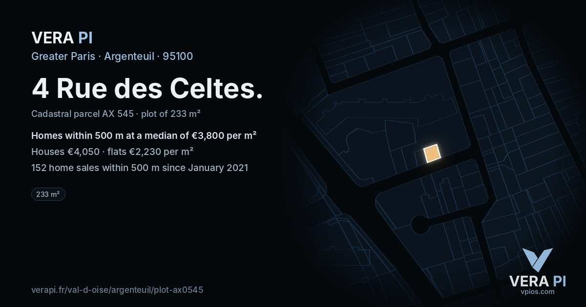 4 Rue des Celtes, Argenteuil at night – the plot lit, the parcels around coloured by the prices near them