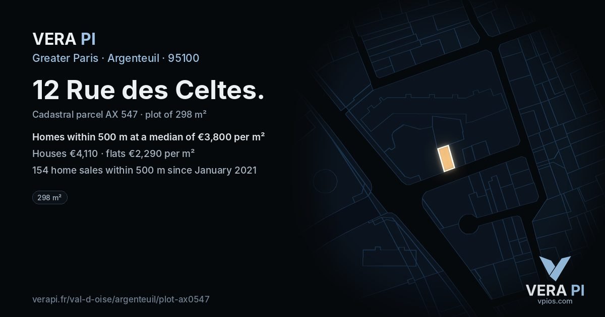 12 Rue des Celtes, Argenteuil at night – the plot lit, the parcels around coloured by the prices near them