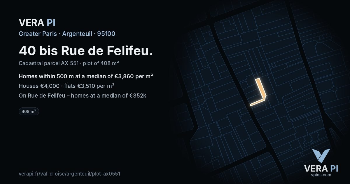 40 bis Rue de Felifeu, Argenteuil at night – the plot lit, the parcels around coloured by the prices near them