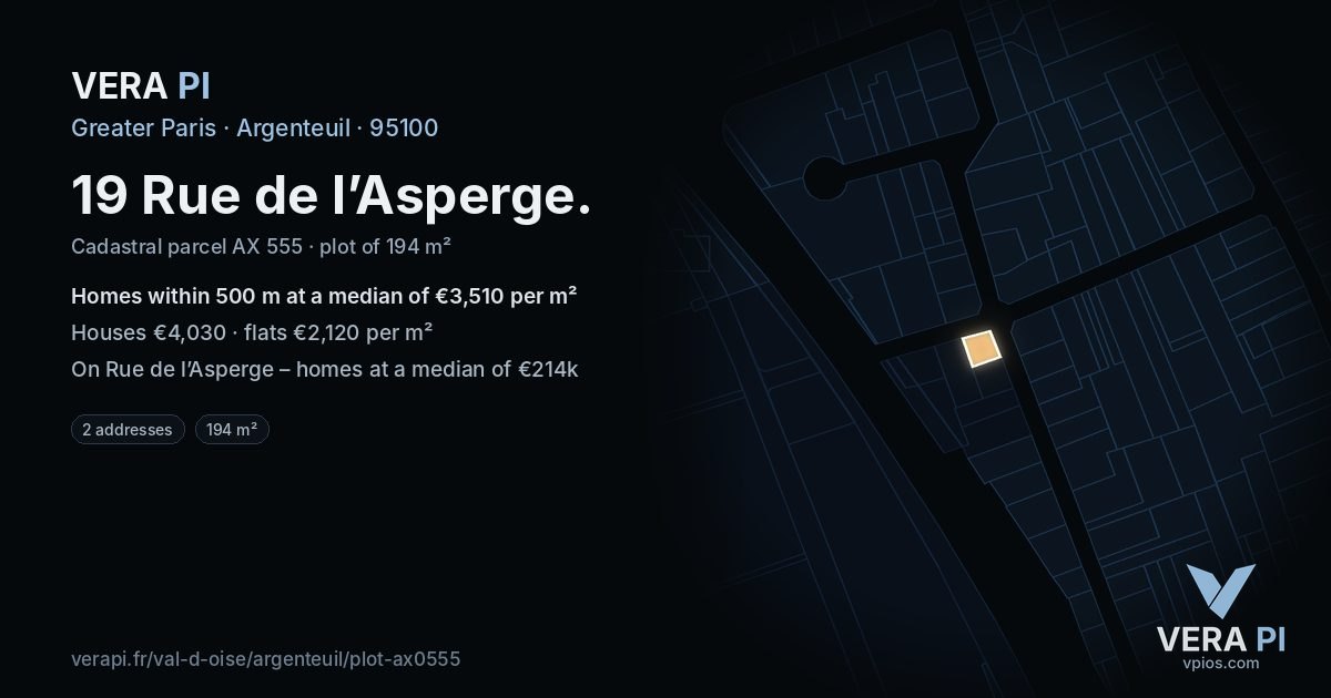 19 Rue de l’Asperge, Argenteuil at night – the plot lit, the parcels around coloured by the prices near them