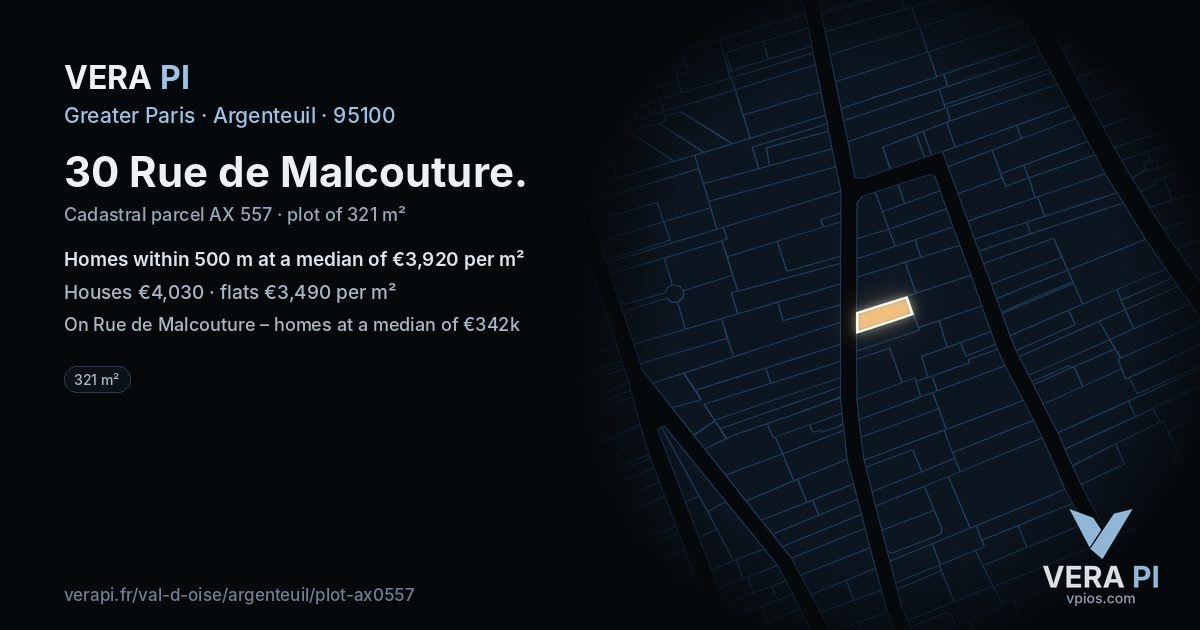 30 Rue de Malcouture, Argenteuil at night – the plot lit, the parcels around coloured by the prices near them