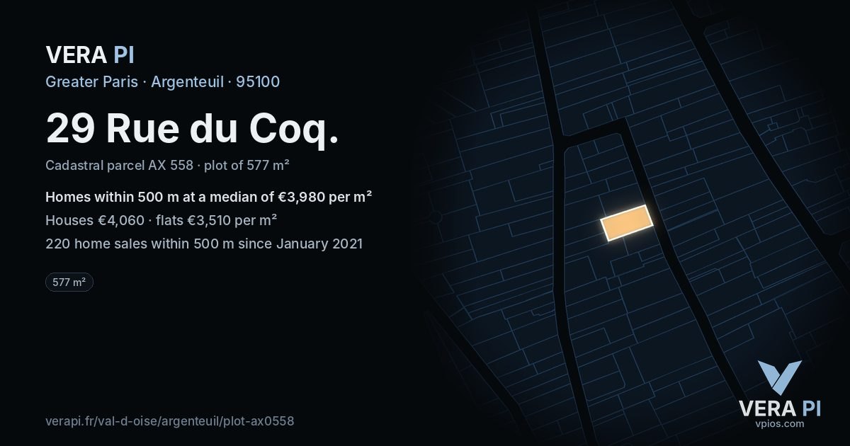 29 Rue du Coq, Argenteuil at night – the plot lit, the parcels around coloured by the prices near them