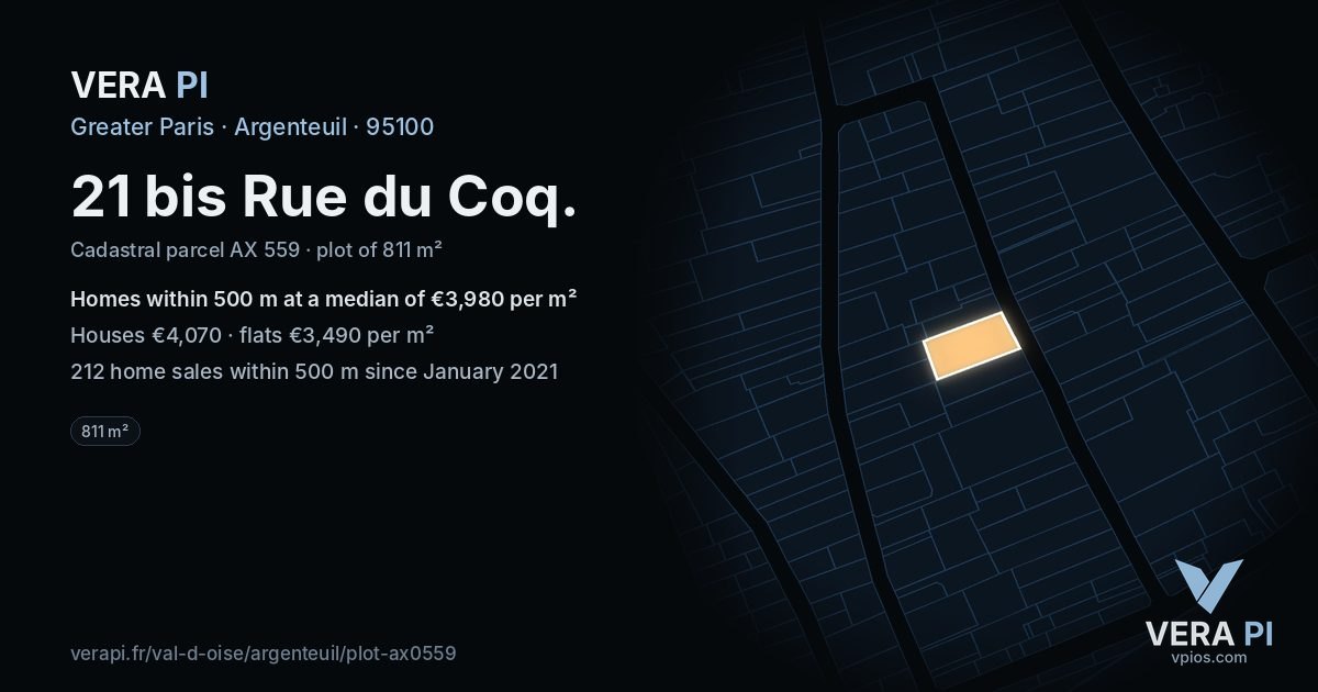 21 bis Rue du Coq, Argenteuil at night – the plot lit, the parcels around coloured by the prices near them