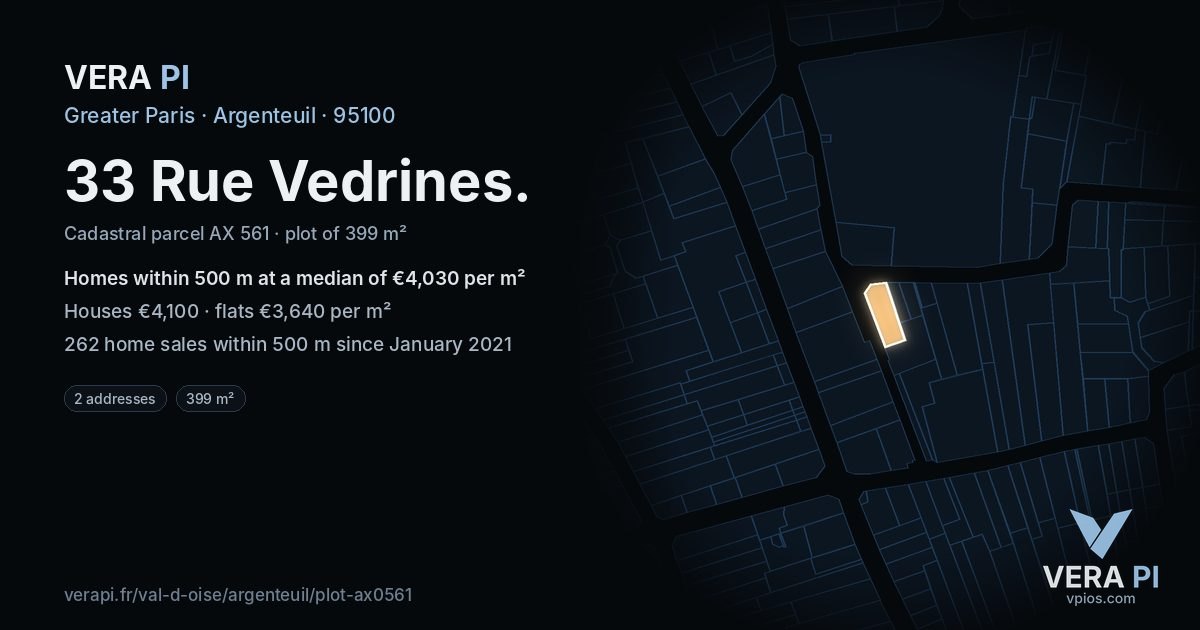 33 Rue Vedrines, Argenteuil at night – the plot lit, the parcels around coloured by the prices near them