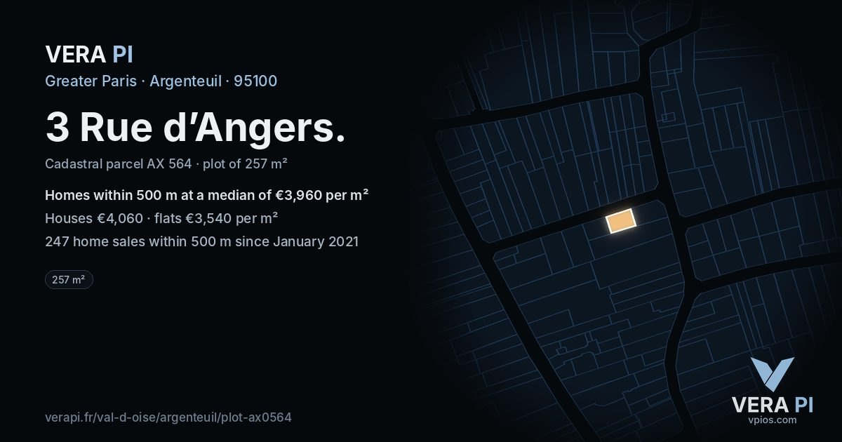 3 Rue d’Angers, Argenteuil at night – the plot lit, the parcels around coloured by the prices near them