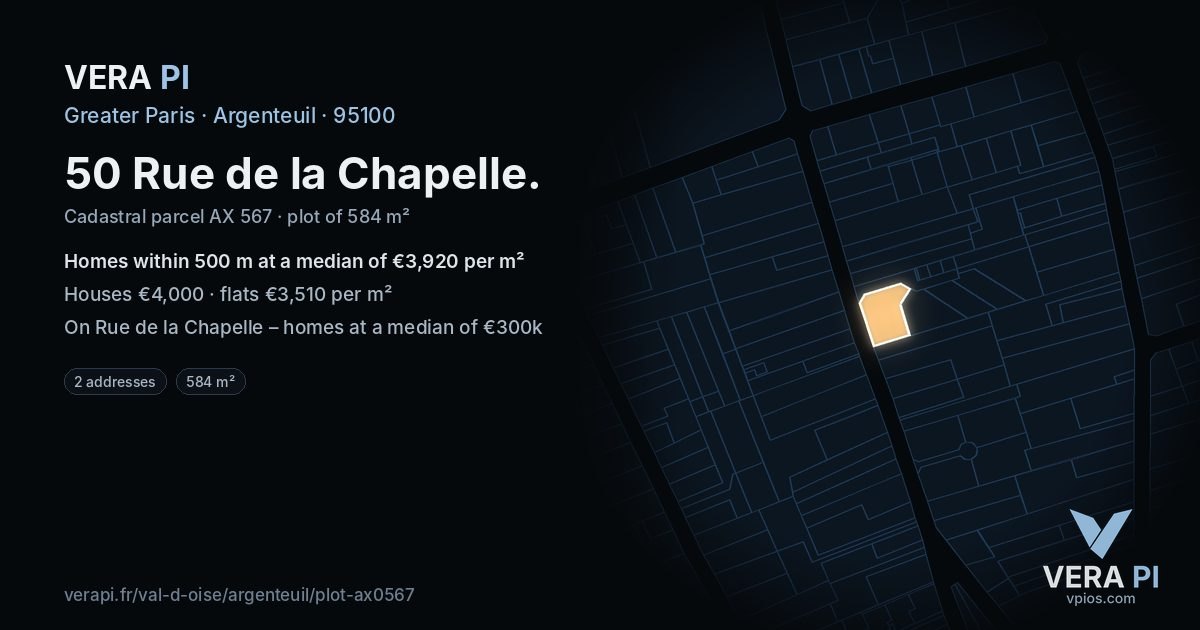 50 Rue de la Chapelle, Argenteuil at night – the plot lit, the parcels around coloured by the prices near them