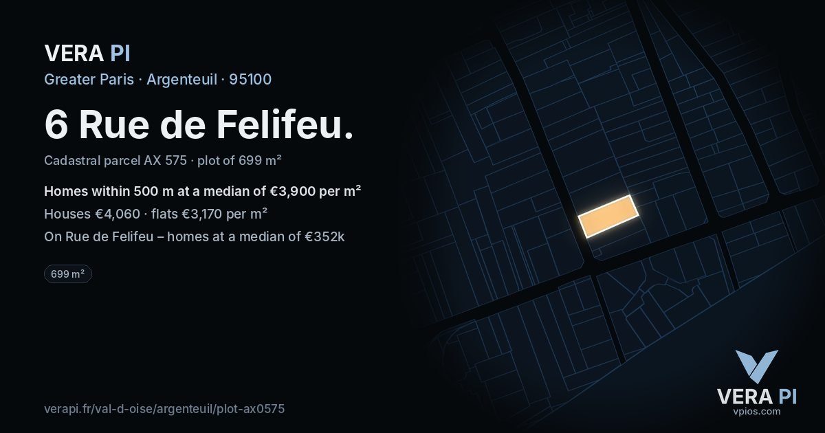 6 Rue de Felifeu, Argenteuil at night – the plot lit, the parcels around coloured by the prices near them