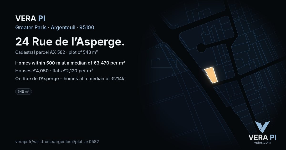24 Rue de l’Asperge, Argenteuil at night – the plot lit, the parcels around coloured by the prices near them