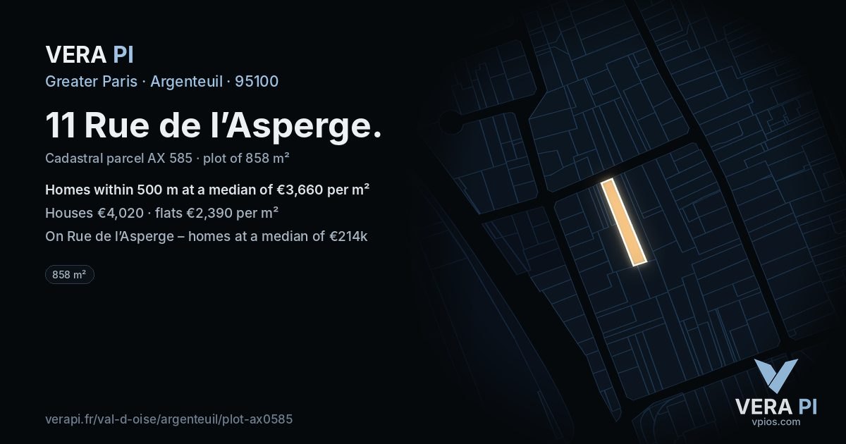 11 Rue de l’Asperge, Argenteuil at night – the plot lit, the parcels around coloured by the prices near them