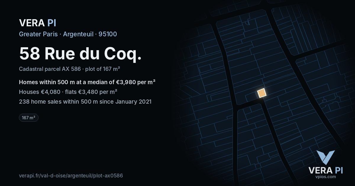 58 Rue du Coq, Argenteuil at night – the plot lit, the parcels around coloured by the prices near them