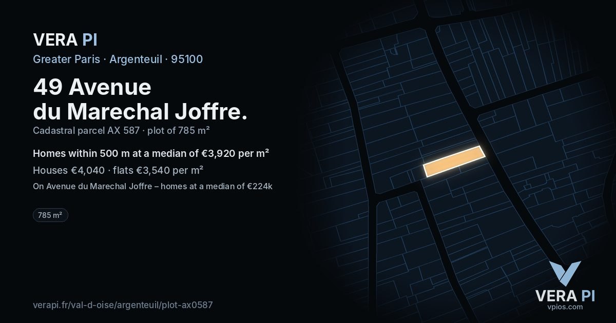 49 Avenue du Marechal Joffre, Argenteuil at night – the plot lit, the parcels around coloured by the prices near them