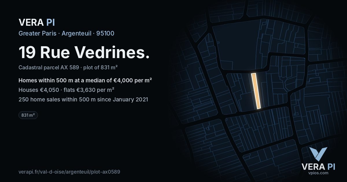 19 Rue Vedrines, Argenteuil at night – the plot lit, the parcels around coloured by the prices near them