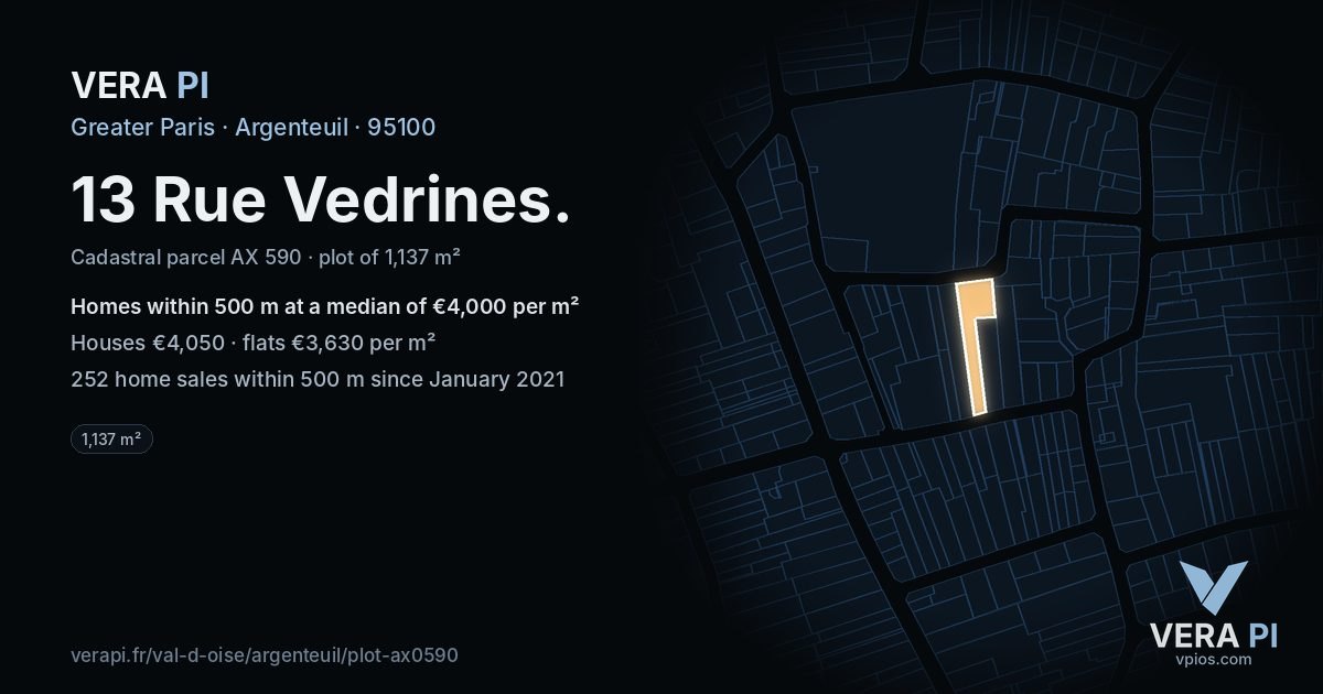 13 Rue Vedrines, Argenteuil at night – the plot lit, the parcels around coloured by the prices near them