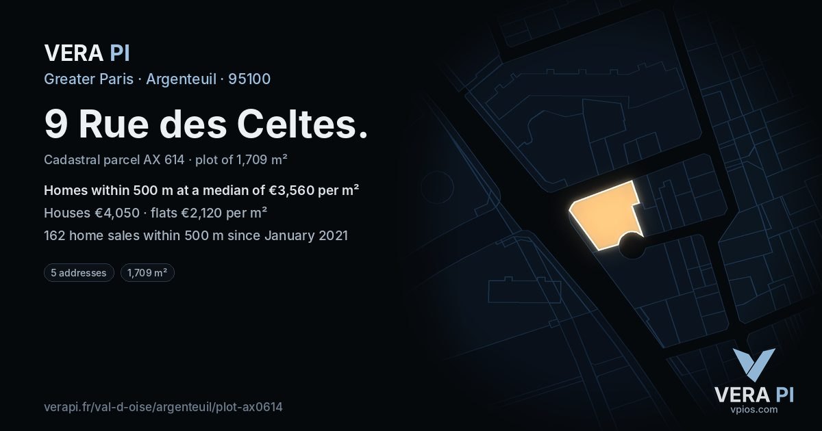 9 Rue des Celtes, Argenteuil at night – the plot lit, the parcels around coloured by the prices near them