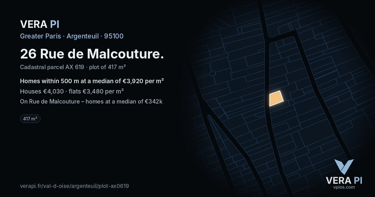 26 Rue de Malcouture, Argenteuil at night – the plot lit, the parcels around coloured by the prices near them