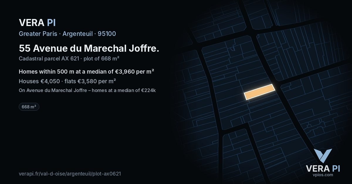 55 Avenue du Marechal Joffre, Argenteuil at night – the plot lit, the parcels around coloured by the prices near them