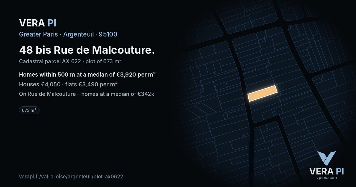 48 bis Rue de Malcouture, Argenteuil at night – the plot lit, the parcels around coloured by the prices near them
