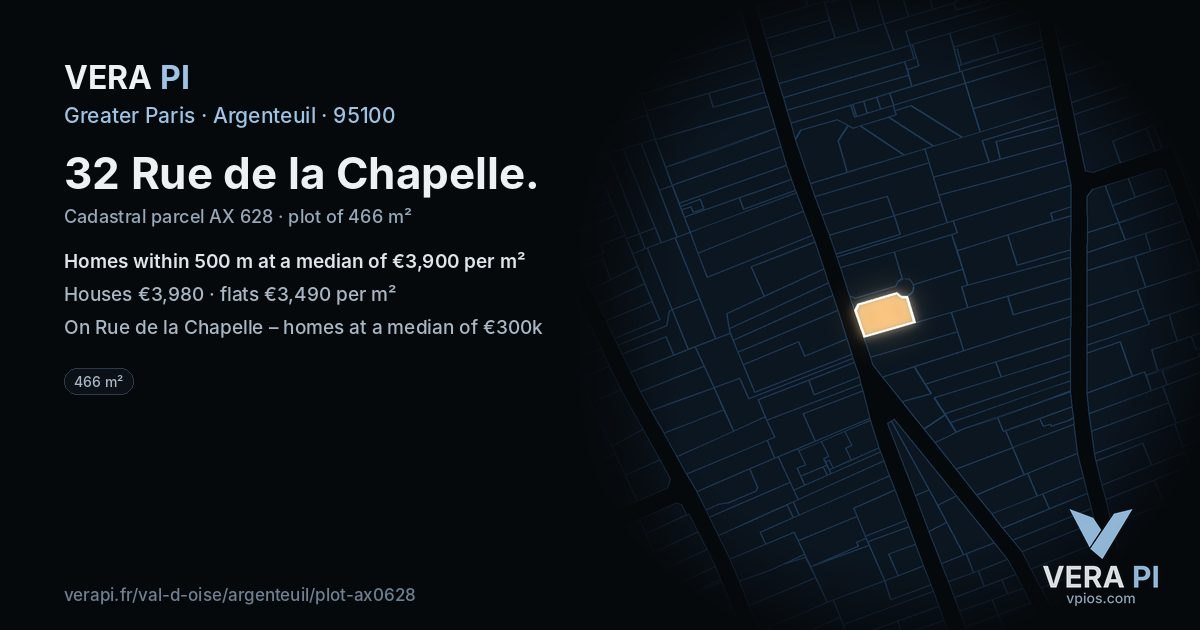 32 Rue de la Chapelle, Argenteuil at night – the plot lit, the parcels around coloured by the prices near them