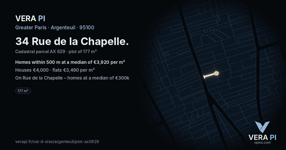 34 Rue de la Chapelle, Argenteuil at night – the plot lit, the parcels around coloured by the prices near them