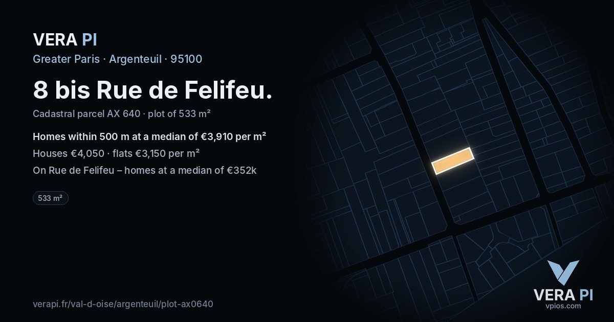 8 bis Rue de Felifeu, Argenteuil at night – the plot lit, the parcels around coloured by the prices near them