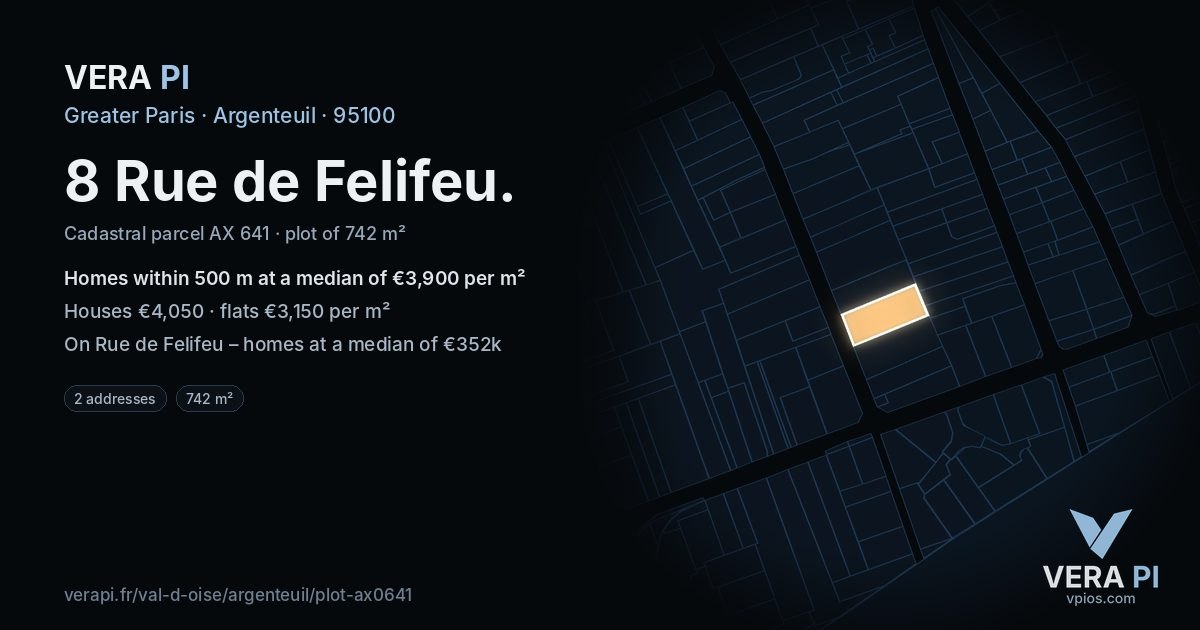8 Rue de Felifeu, Argenteuil at night – the plot lit, the parcels around coloured by the prices near them