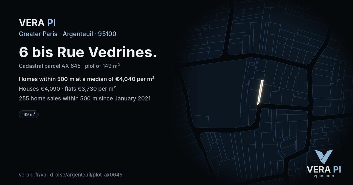 6 bis Rue Vedrines, Argenteuil at night – the plot lit, the parcels around coloured by the prices near them