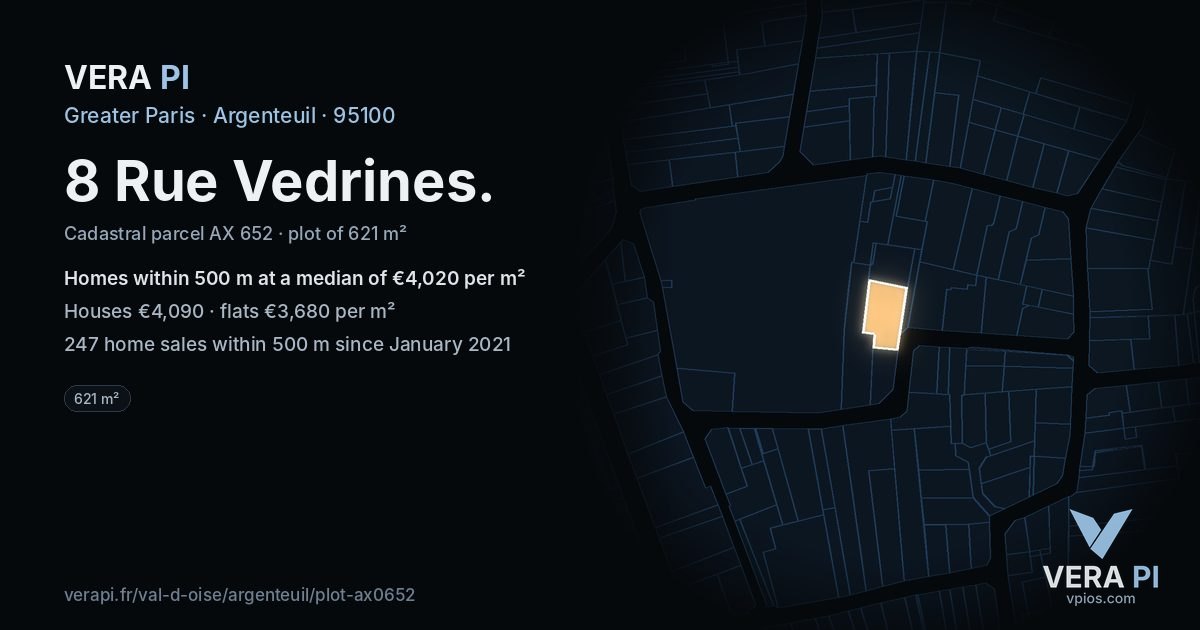 8 Rue Vedrines, Argenteuil at night – the plot lit, the parcels around coloured by the prices near them