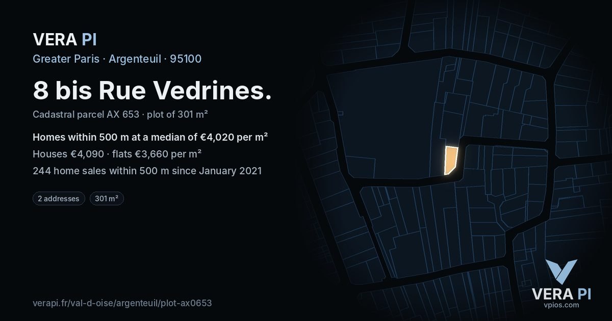 8 bis Rue Vedrines, Argenteuil at night – the plot lit, the parcels around coloured by the prices near them