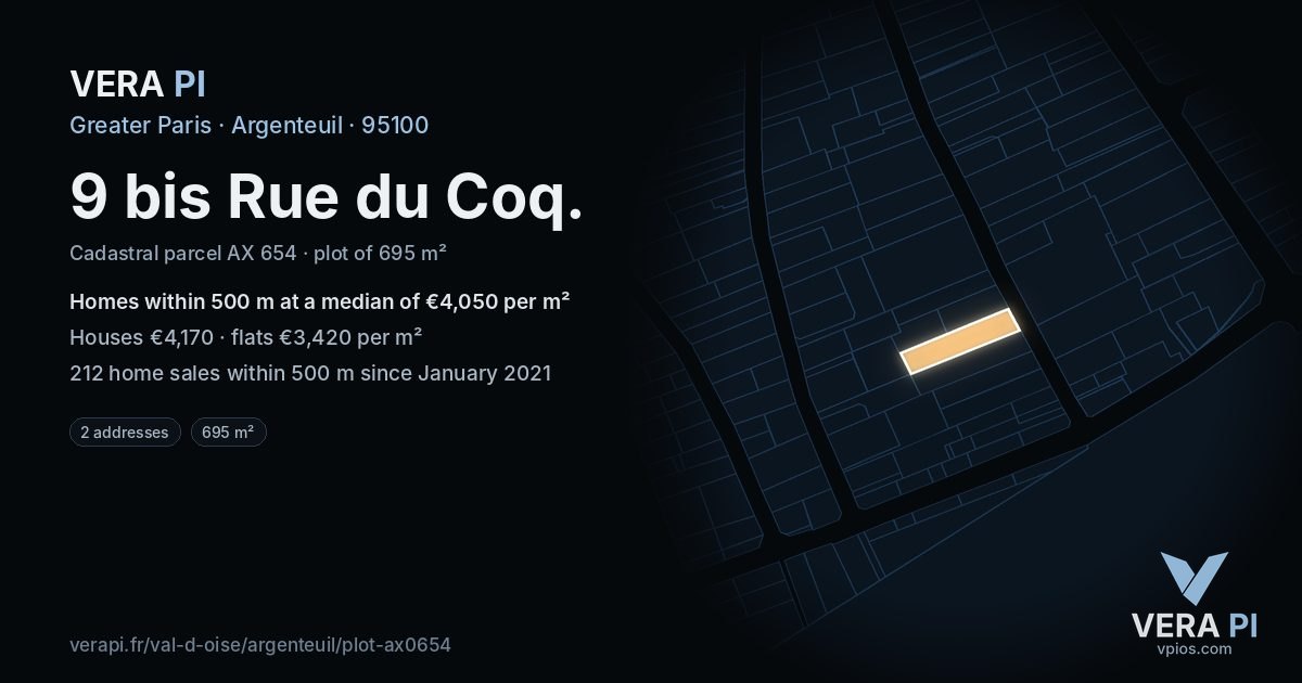 9 bis Rue du Coq, Argenteuil at night – the plot lit, the parcels around coloured by the prices near them