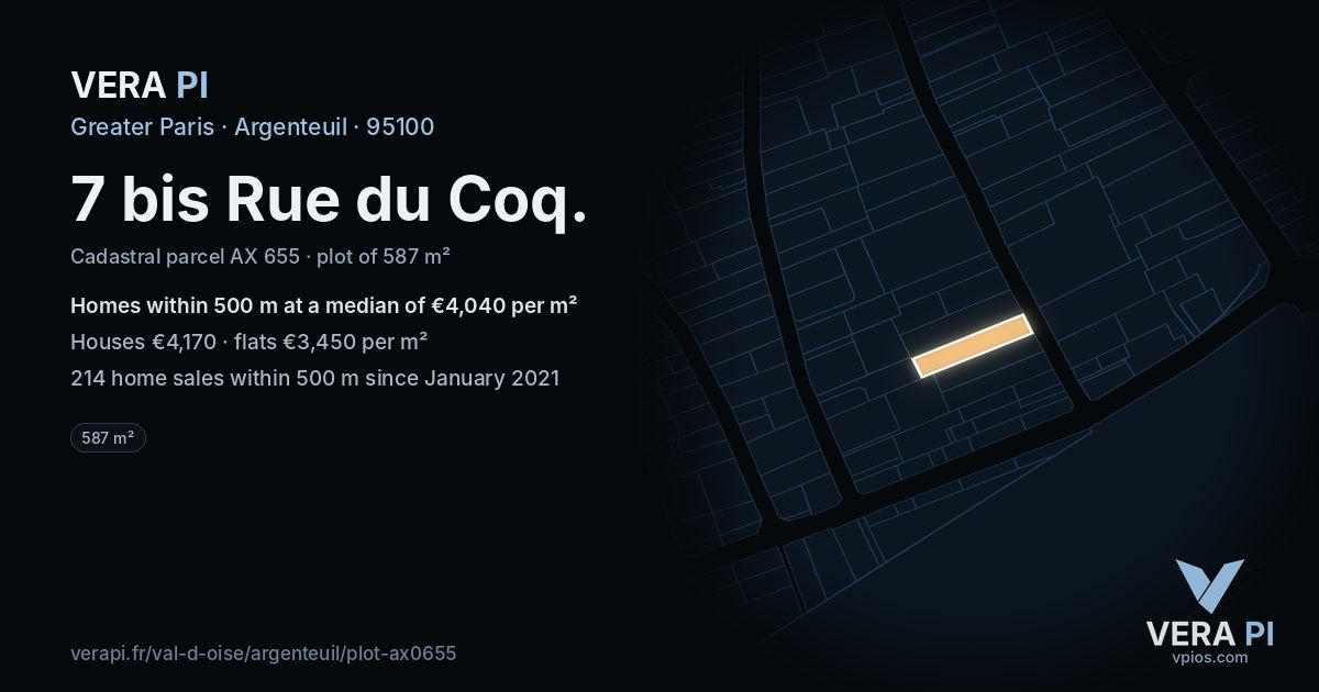 7 bis Rue du Coq, Argenteuil at night – the plot lit, the parcels around coloured by the prices near them