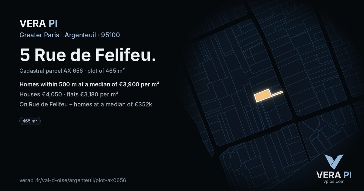 5 Rue de Felifeu, Argenteuil at night – the plot lit, the parcels around coloured by the prices near them