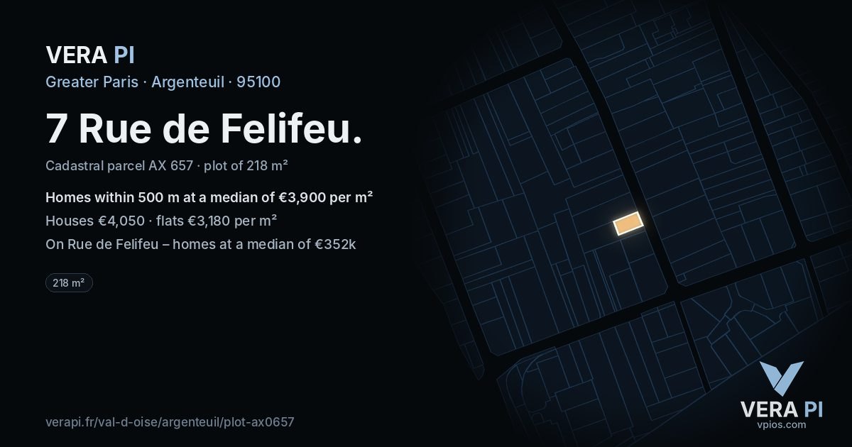 7 Rue de Felifeu, Argenteuil at night – the plot lit, the parcels around coloured by the prices near them