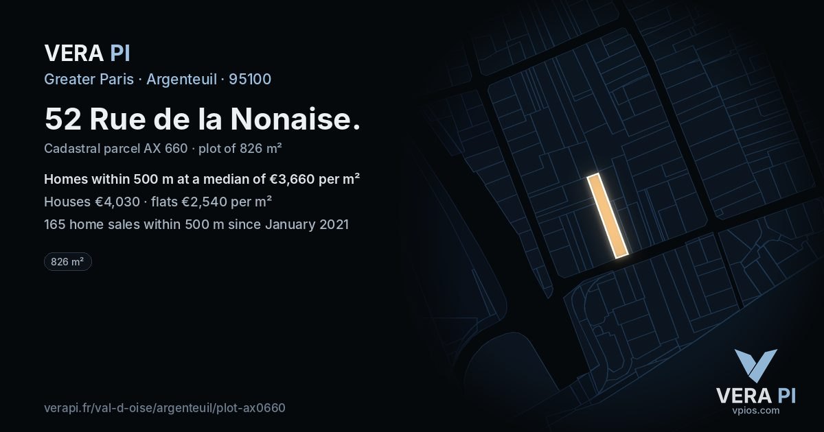 52 Rue de la Nonaise, Argenteuil at night – the plot lit, the parcels around coloured by the prices near them