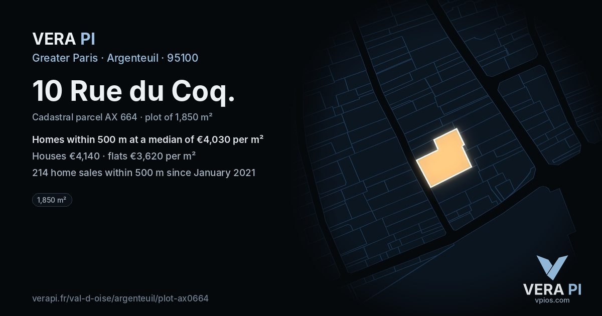 10 Rue du Coq, Argenteuil at night – the plot lit, the parcels around coloured by the prices near them