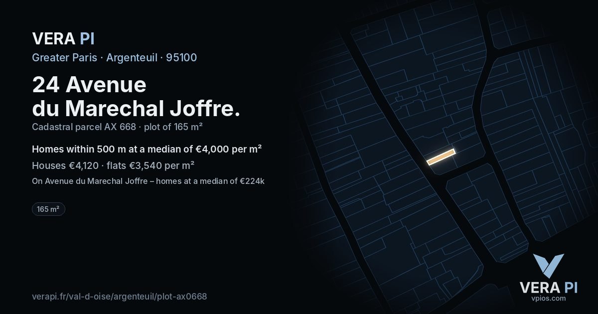 24 Avenue du Marechal Joffre, Argenteuil at night – the plot lit, the parcels around coloured by the prices near them