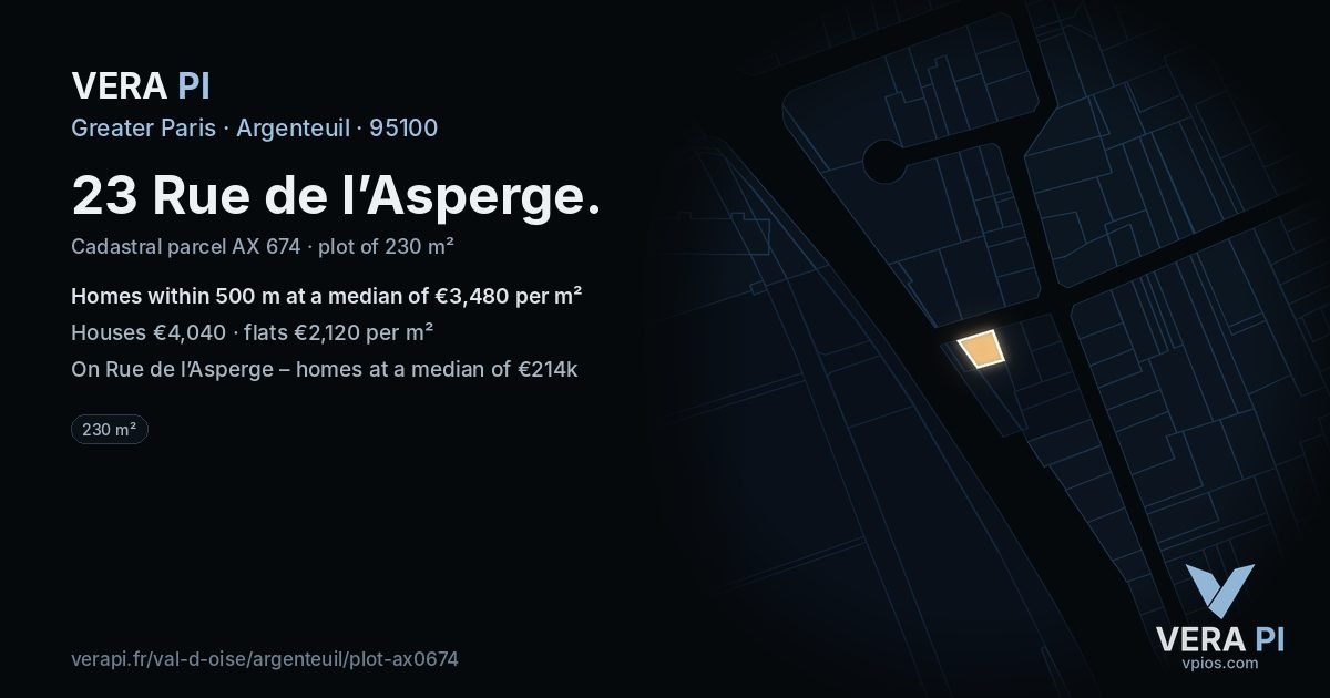 23 Rue de l’Asperge, Argenteuil at night – the plot lit, the parcels around coloured by the prices near them