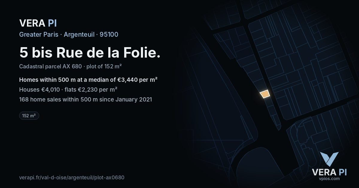 5 bis Rue de la Folie, Argenteuil at night – the plot lit, the parcels around coloured by the prices near them