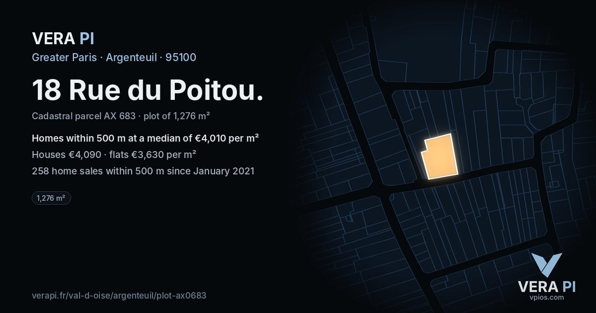 18 Rue du Poitou, Argenteuil at night – the plot lit, the parcels around coloured by the prices near them