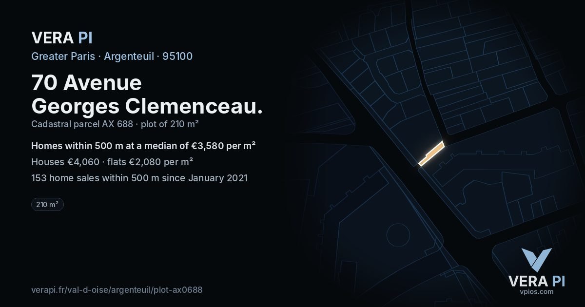 70 Avenue Georges Clemenceau, Argenteuil at night – the plot lit, the parcels around coloured by the prices near them