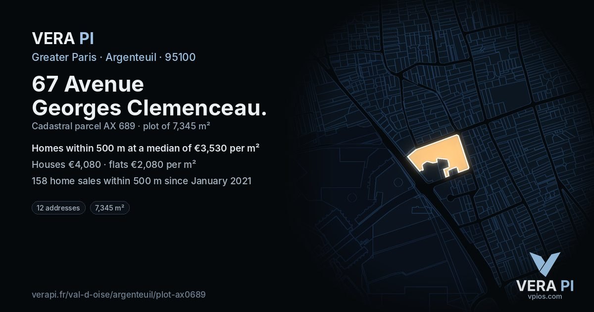 67 Avenue Georges Clemenceau, Argenteuil at night – the plot lit, the parcels around coloured by the prices near them