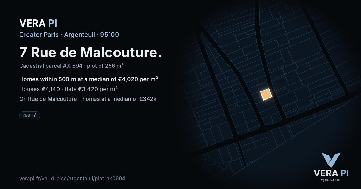 7 Rue de Malcouture, Argenteuil at night – the plot lit, the parcels around coloured by the prices near them