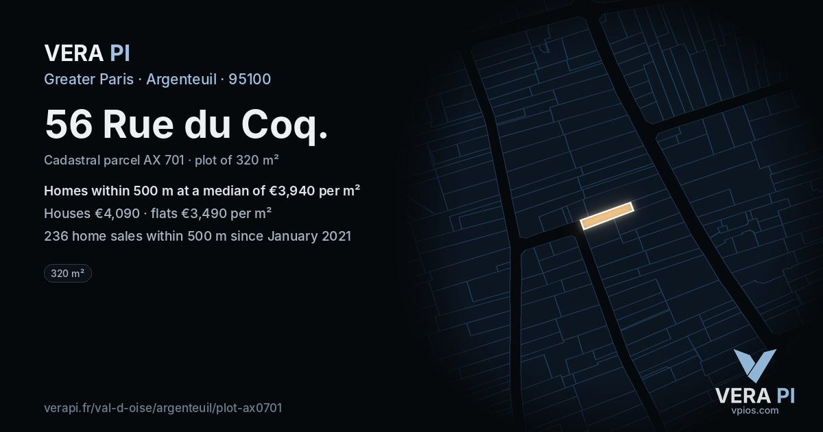 56 Rue du Coq, Argenteuil at night – the plot lit, the parcels around coloured by the prices near them