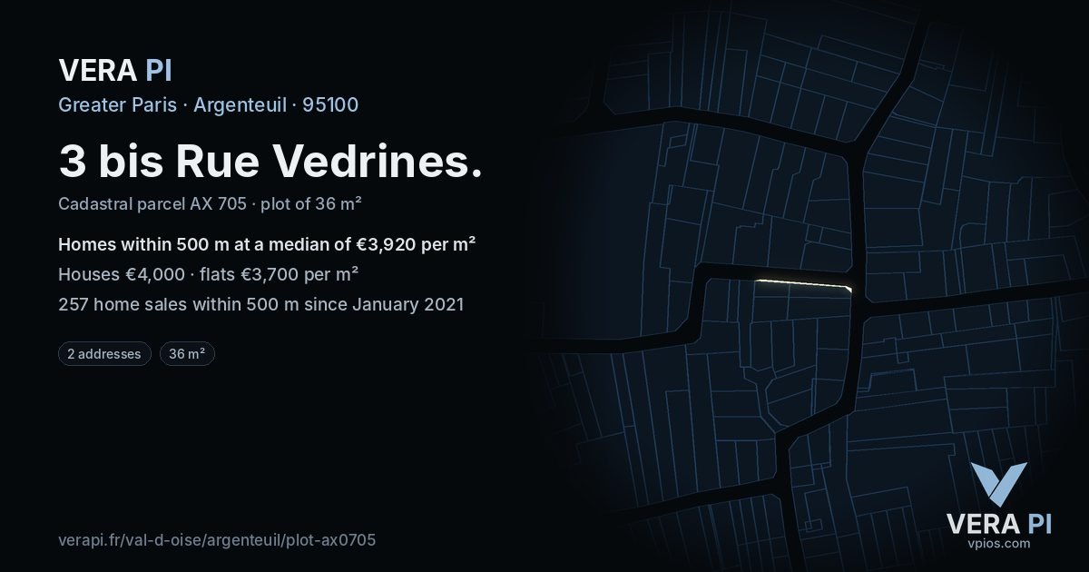 3 bis Rue Vedrines, Argenteuil at night – the plot lit, the parcels around coloured by the prices near them