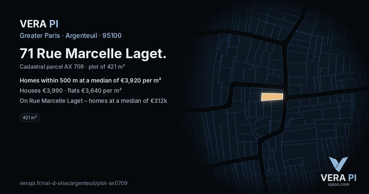 71 Rue Marcelle Laget, Argenteuil at night – the plot lit, the parcels around coloured by the prices near them