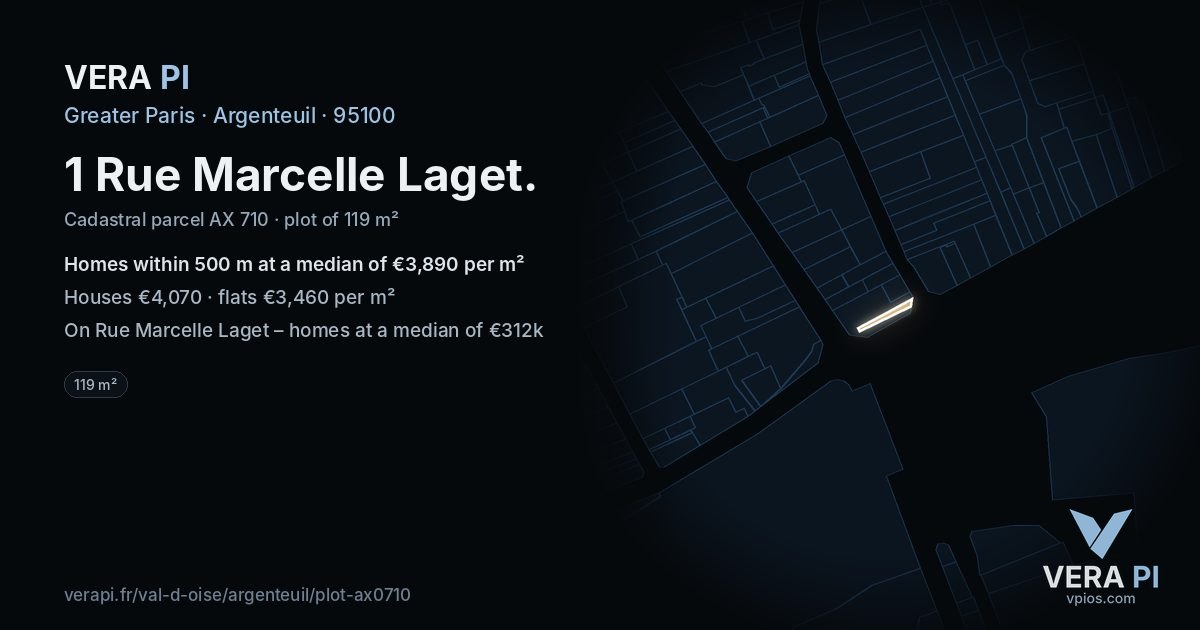 1 Rue Marcelle Laget, Argenteuil at night – the plot lit, the parcels around coloured by the prices near them