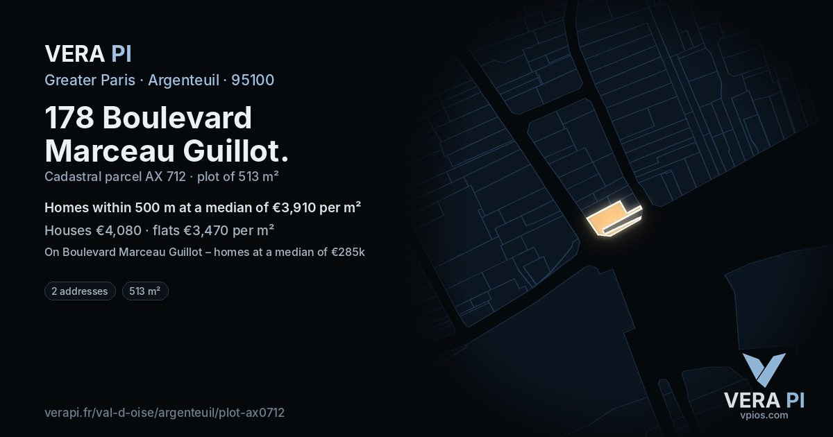 178 Boulevard Marceau Guillot, Argenteuil at night – the plot lit, the parcels around coloured by the prices near them
